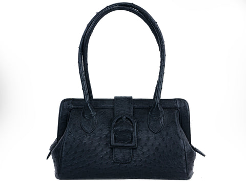 JULIETTE- N9185F Genuine Black Ostrich Vintage look Hand Bag (an extension strap over top with closed zip access for safety)