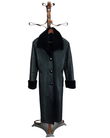 ROMINA - Lady Long Coat in Black Baby Lamb Napa. Black Opossum Collar and trims. Ironed Wool Inside.