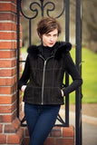 CHELSEA- S44542F. Zipped Closure Vest in Baby Lamb Suede Napa Genuine Ironed Wool Interior  With Fox Fur Hood and Collar Trims