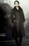 ROMINA - Lady Long Coat in Black Baby Lamb Napa. Black Opossum Collar and trims. Ironed Wool Inside.